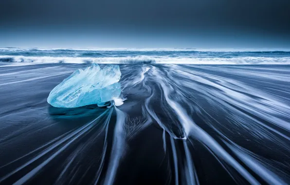 Волны, пляж, лёд, Исландия, ледниковая лагуна Йёкюльсаурлоун