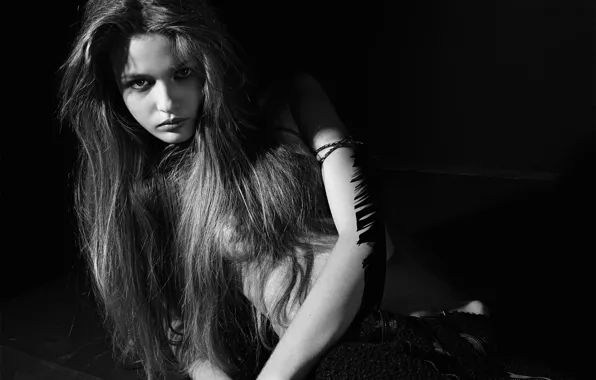 Взгляд, девушка, милая, модель, волосы, черно-белое, красивая, Kristina Romanova