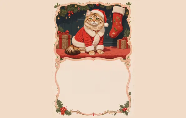 Кошка, кот, взгляд, серый, рамка, Рождество, подарки, Новый год