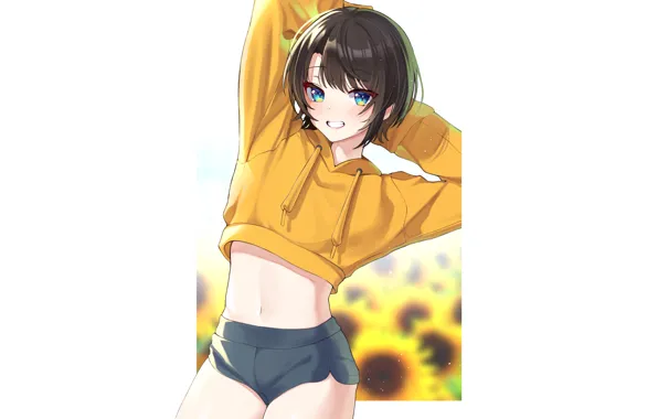 Kawaii, girl, anime, short hair, cute, sunflowers, jacket, sweater