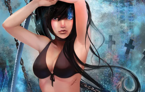 Кресты, звезда, меч, катана, арт, цепи, black rock shooter, mato kuroi