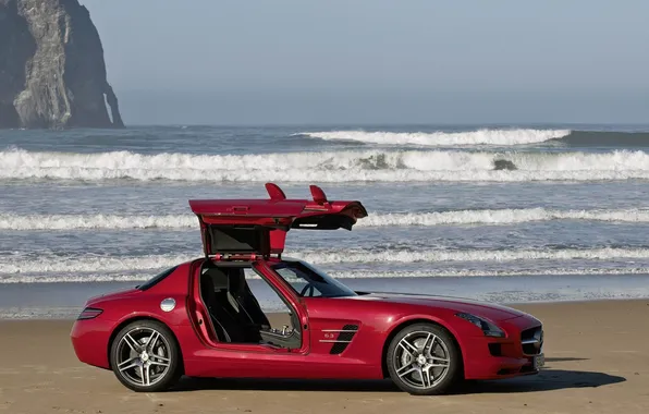 Картинка красный, Mercedes-Benz, SLS AMG, волны, океан