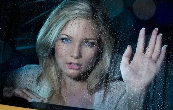 Машина, девушка, капли, дождь, рука, окно, блондинка, ладонь