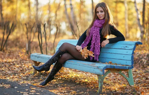 Girl, park, beautiful, autumn, model, scarf, boots, chic