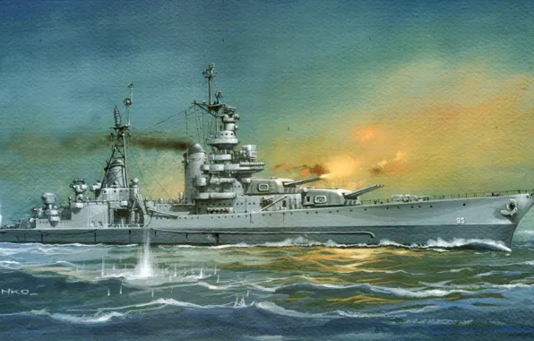 Картинка море, огонь, дым, рисунок, выстрелы, WW2, разрывы, тяжёлый крейсер