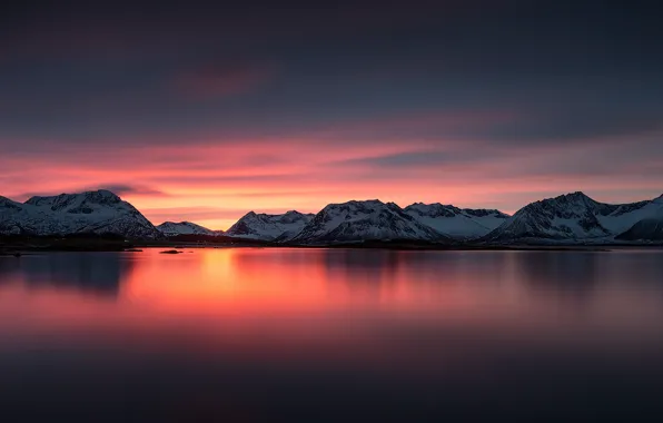 Картинка море, закат, горы, Норвегия