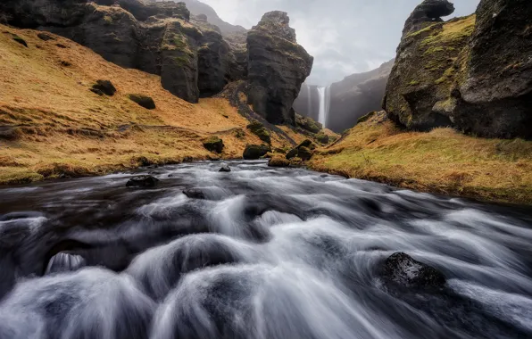 Картинка природа, река, скалы, водопад, поток, Исландия