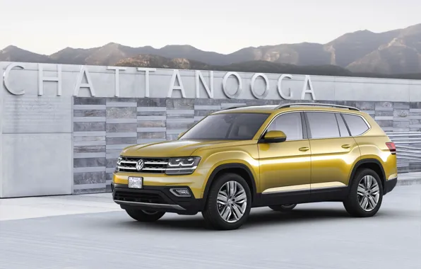 Жёлтый, стена, Volkswagen, Atlas, 2017