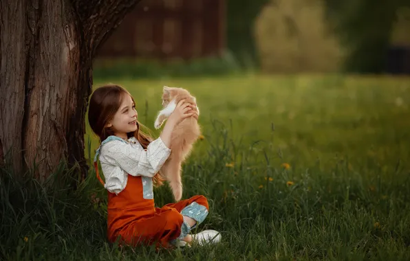 Картинка трава, радость, улыбка, дерево, настроение, рыжий, девочка, котёнок