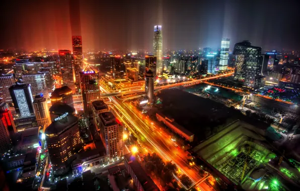 Ночь, город, китай, небоскребы, мегаполис, пекин, beijing