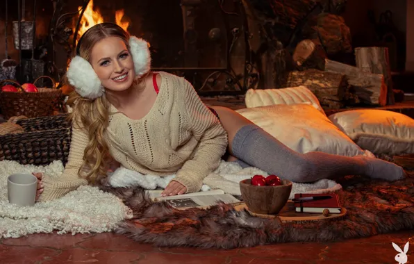 Playboy, Model, Smile, Sweater, Fireplace, Scarlett Sage, Ear Muffs
