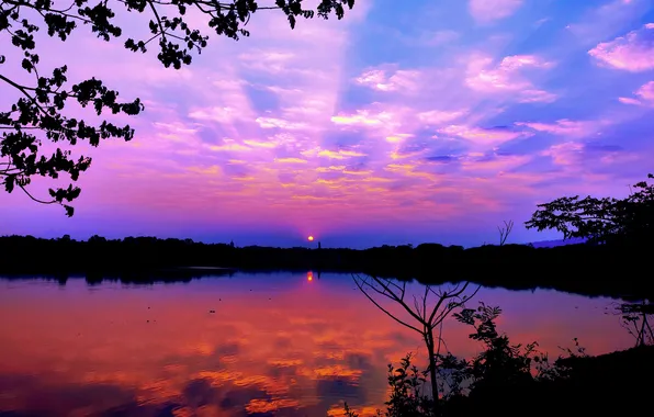 Sun, Water, Sunrise, Dawn, Morning, Lake, Trees, Reflection