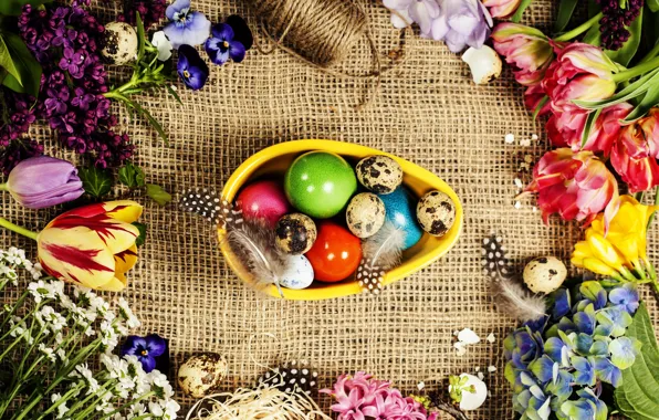 Картинка цветы, яйца, весна, рамка, colorful, Пасха, happy, мешковина