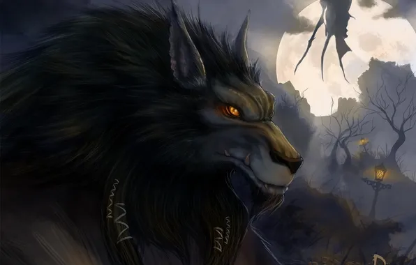 Картинка ночь, туман, луна, волк, крылья, монстр, существо, арт