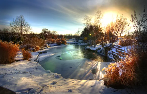 Картинка зима, деревья, озеро, Рассвет