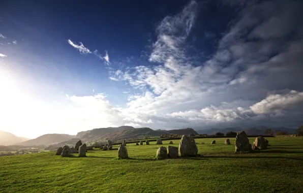 Картинка grass, sky, nature, view, stones, blue sky, England, Morning