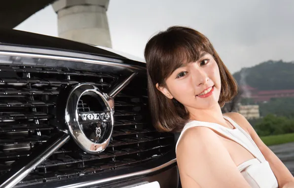 Взгляд, улыбка, Девушки, азиатка, красивая девушка, черный авто, Volvo XC90, позирует над машиной