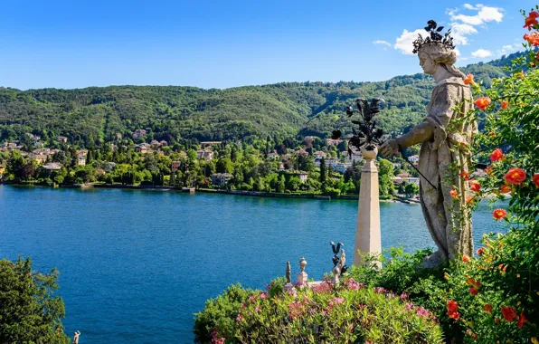 Цветы, озеро, остров, Италия, статуя, Лаго-Маджоре, Isola Bella