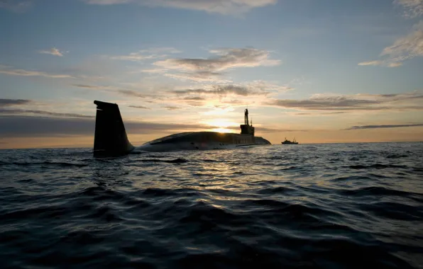 Картинка море, закат, Россия, подводная лодка, проекта 955