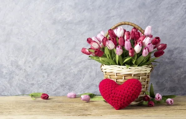 Любовь, цветы, сердце, тюльпаны, love, розовые, корзинка, vintage