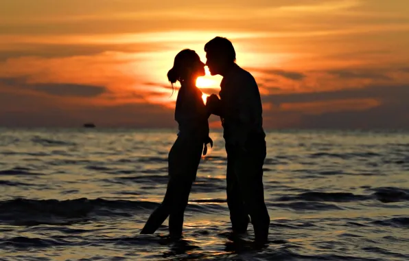 Картинка море, любовь, закат, поцелуй, пара, love, sunset, people