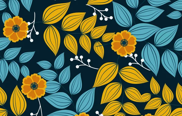 Картинка листья, цветы, синий, фон, узор