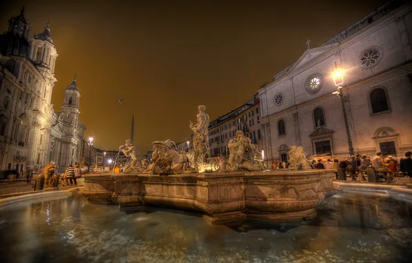 Картинка ночь, огни, дома, площадь, Рим, Италия, фонтан, Пьяцца Навона