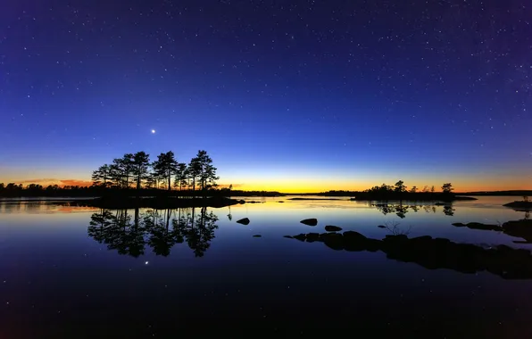 Картинка небо, вода, звезды, деревья, ночь, Швеция
