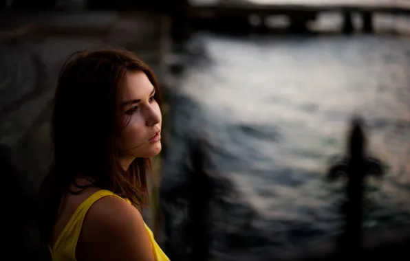 Girl, Coast, Water, Yellow, Dress, Sight