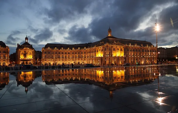 Картинка отражение, Франция, здания, ночной город, France, Bordeaux, Place de la Bourse, Бордо