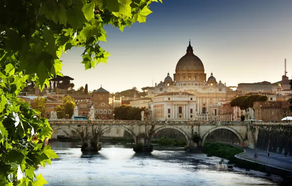 Листья, мост, Рим, Италия, собор, Ватикан, Собор Святого Петра, Basilica di San Pietro