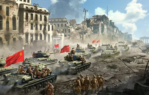 Картинка город, армия, ссср, солдаты, флаги, танки, world of tanks, ussr