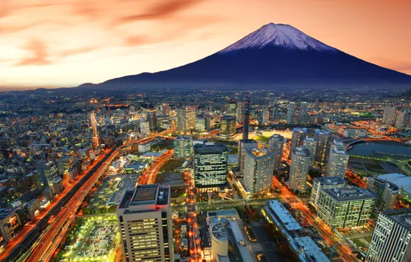 Картинка город, гора, вулкан, Япония, размытость, Фудзи, высотки, боке