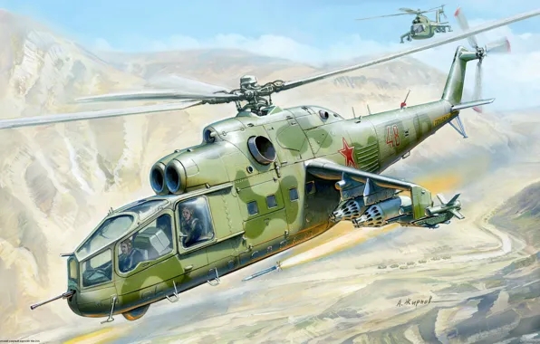 Картинка авиация, рисунок, ракета, вертолет, ми-24, ВВС, советский