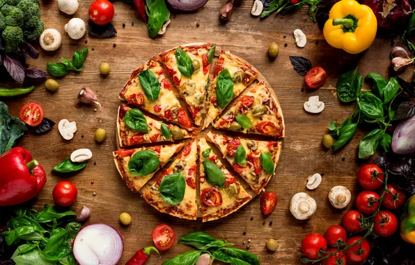Картинка грибы, сыр, лук, перец, пицца, томат, помидор, pizza