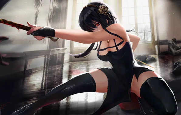 Blood, weapon, anime, red eyes, women, brunette, digital art, fan art