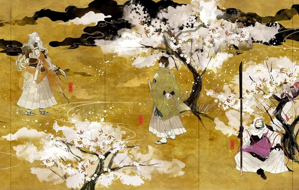 Оружие, сакура, кимоно, парни, цветение, touken ranbu, tsurumaru kuninaga, munechika mikazuki