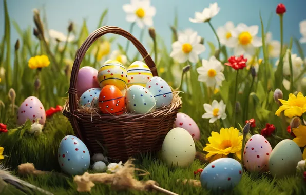 Картинка цветы, яйца, весна, colorful, Пасха, happy, flowers, spring