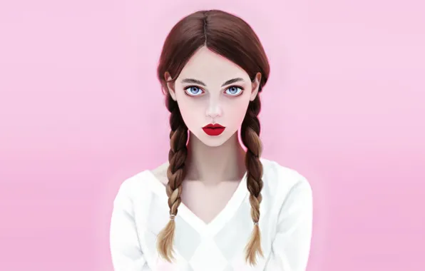 Девушка, Минимализм, Взгляд, Губы, Лицо, Girl, Косички, Глаза