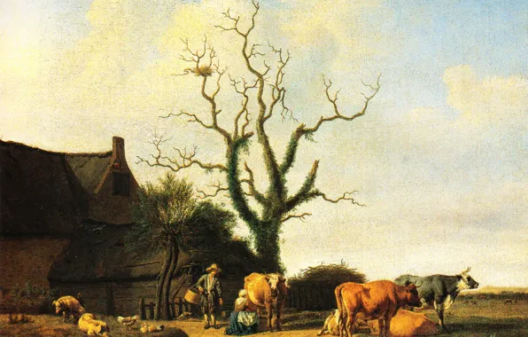 Картинка пейзаж, картина, Адриан ван де Велде, Adriaen van de Velde, Ферма с Сухим Деревом