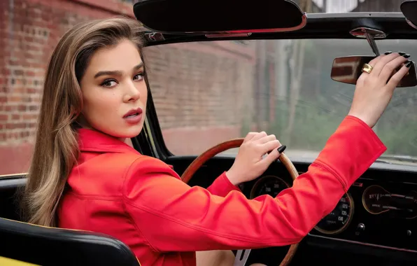 Авто, взгляд, девушка, фото, красное, макияж, губы, шатенка