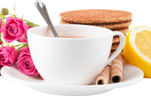 Картинка лимон, кофе, завтрак, белый фон, натюрморт, круасаны