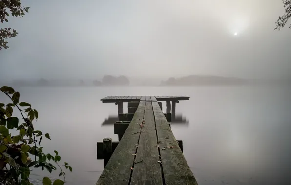 Картинка ночь, мост, туман, озеро