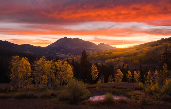 Картинка осень, лес, закат, горы, вечер