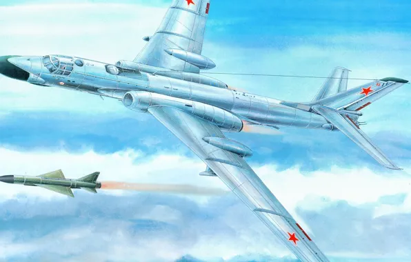 Картинка самолет, ракета, бомбардировщик, ВВС, советский, Ту-16, тяжёлый двухдвигательный реактивный многоцелевой