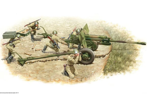 Оружие, война, рисунок, солдаты, советская, противотанковая пушка, ЗиС-3