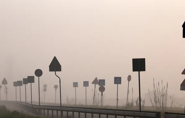 Дорога, туман, знаки