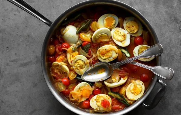 Фон, яйца, блюдо, рагу, ковшик, кушанье