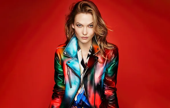 Jacket, Shirt, Makeup, Karlie Kloss, Red background, American model