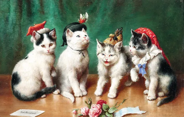 Кошки, Картина, Коты, Четверо, Carl Reichert, Карл Райхерт, Австрийский художник, Четыре грации